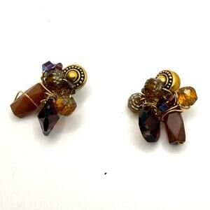 Vintage 90s Dark Red Gold Faceted Cluster Wire Wrapped Stud Earrings
